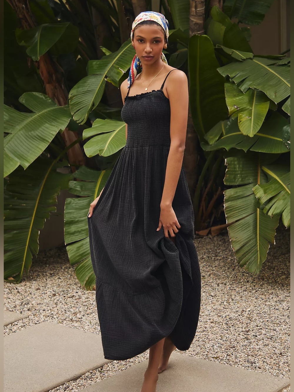By Anthropologie Marisol Smocked Gauze Maxi Dress Black L NEW Boho Prairie